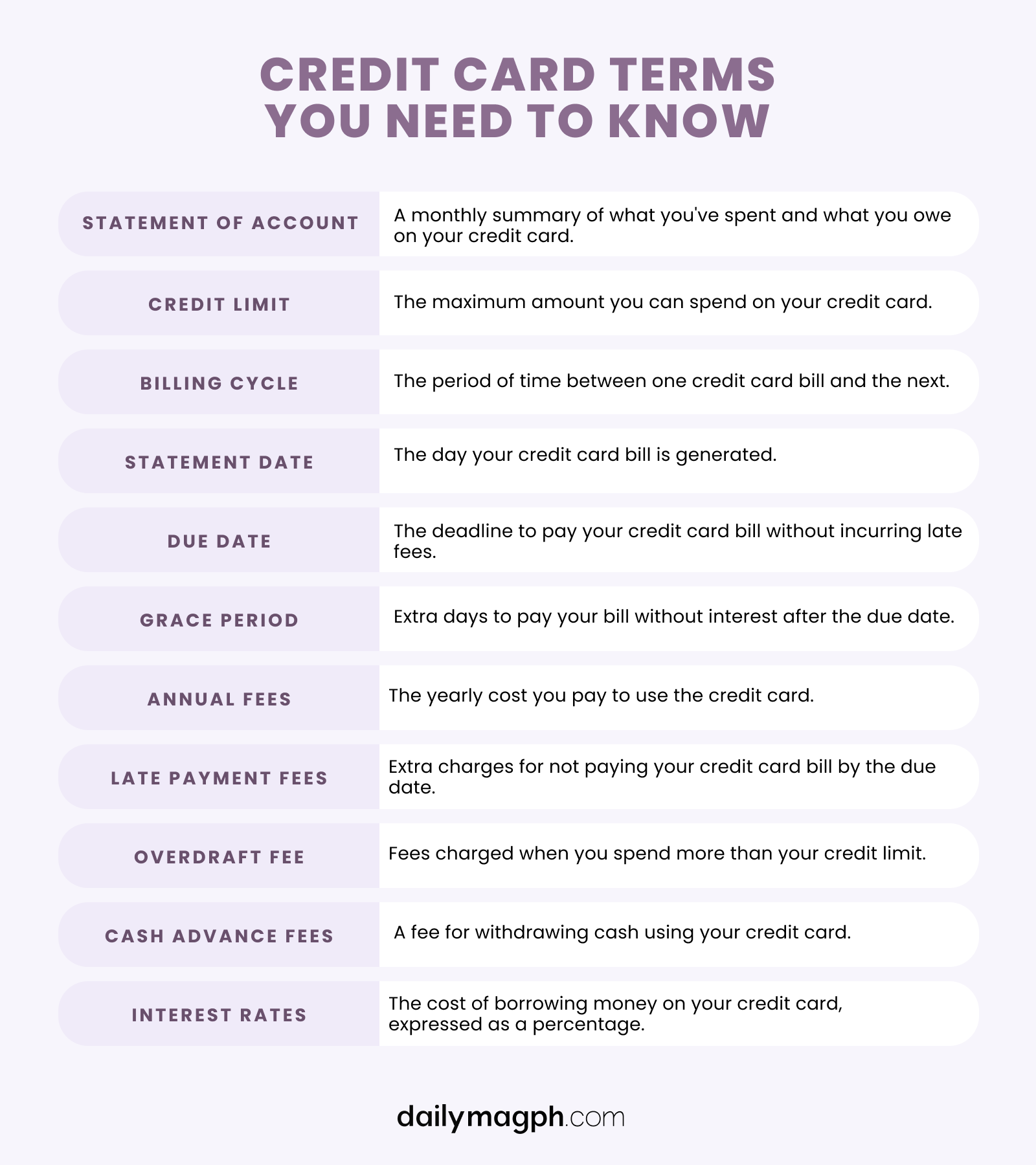 Photo Infographic of a list of credit card terms and fees you need to know for beginners